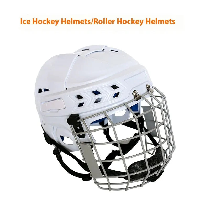 Ice hockey helmet with a carbon steel face mask shown in a size, featuring a hard white shell and cushioned black interior.