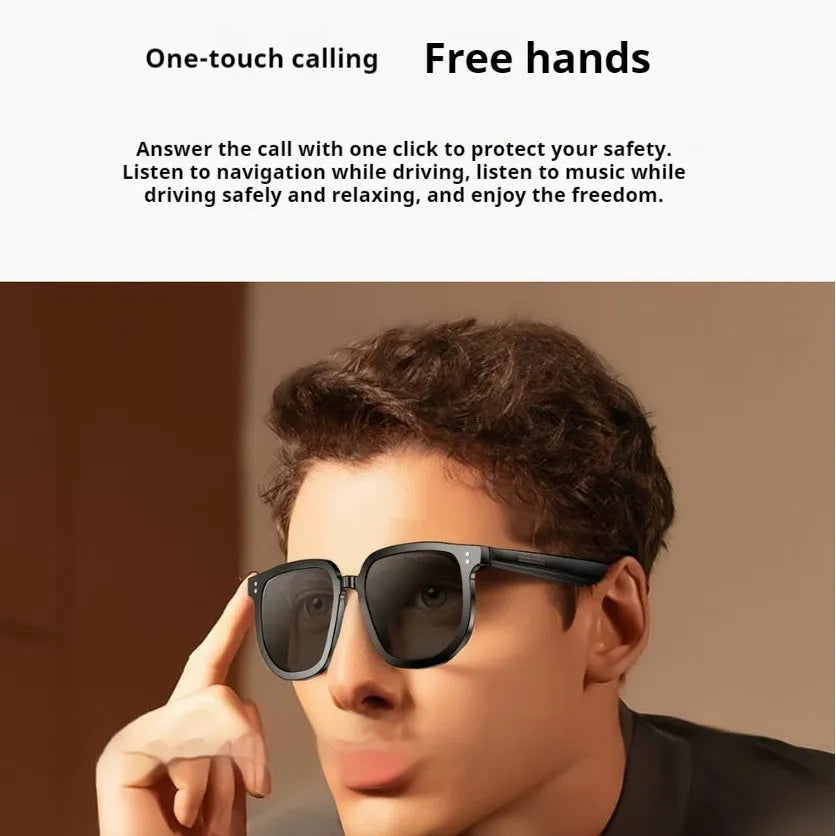 Black AI smart glasses with Bluetooth audio and UV protection lenses.