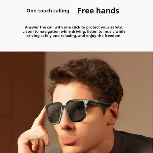 Black AI smart glasses with Bluetooth audio and UV protection lenses.