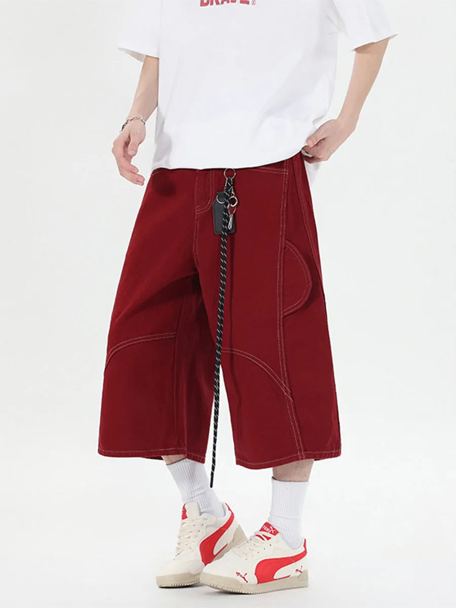 Retro denim cropped shorts with multiple pockets and wide leg design in black or red