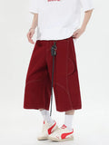 Retro denim cropped shorts with multiple pockets and wide leg design in black or red