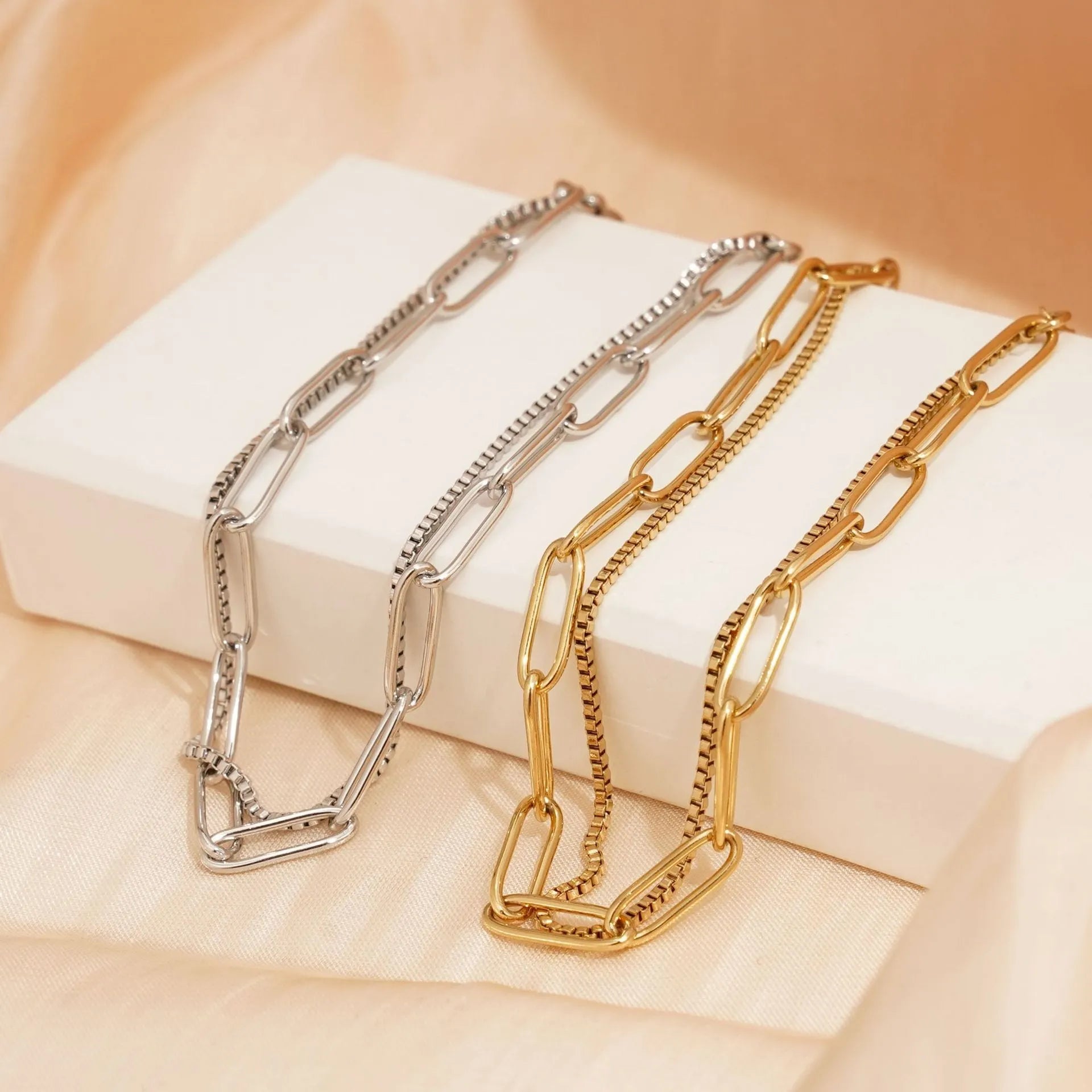 Double layer titanium steel bracelet with geometric design in gold or silver finish