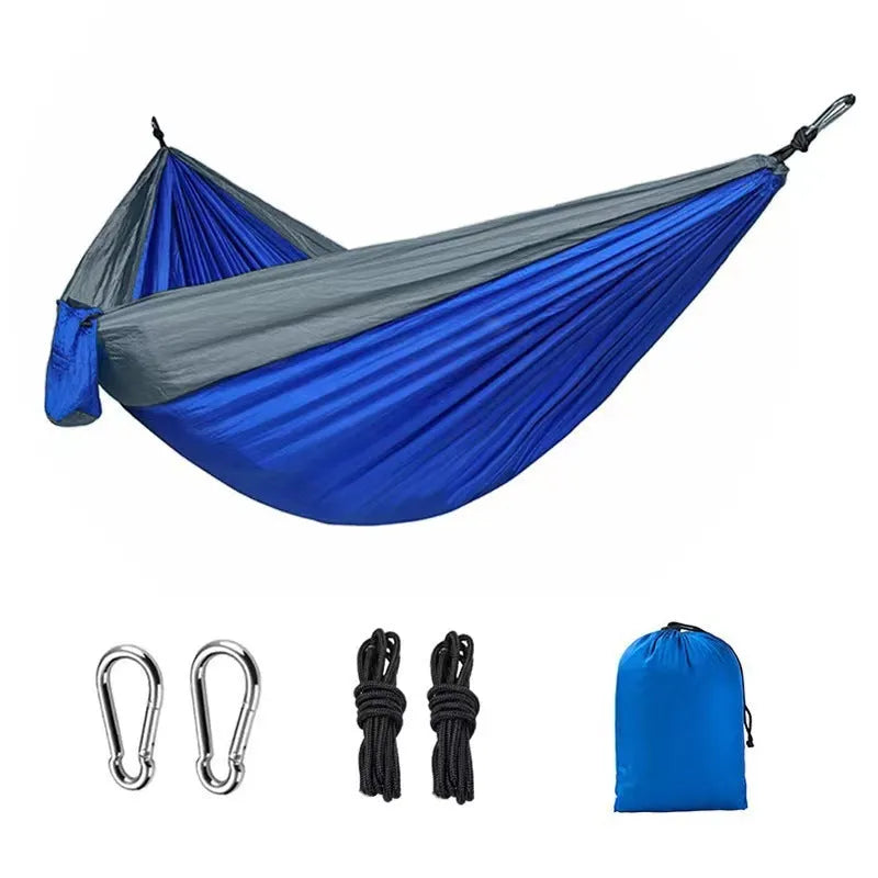 Blue nylon parachute cloth outdoor hammock with 300 kg capacity and 270x140 cm dimensions