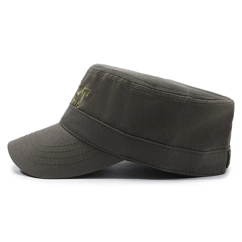 Men's flat-top cotton peaked cap in army green with adjustable strap and English letter detail.