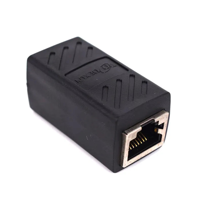 Black RJ45 network cable extender adapter with gold-plated contacts for joining Ethernet cables