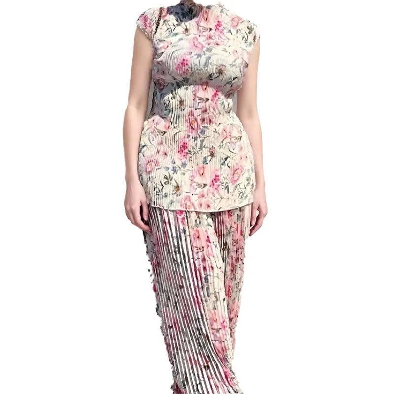 Long sleeve printed chiffon two-piece dress set with lace trim top and high waist maxi skirt