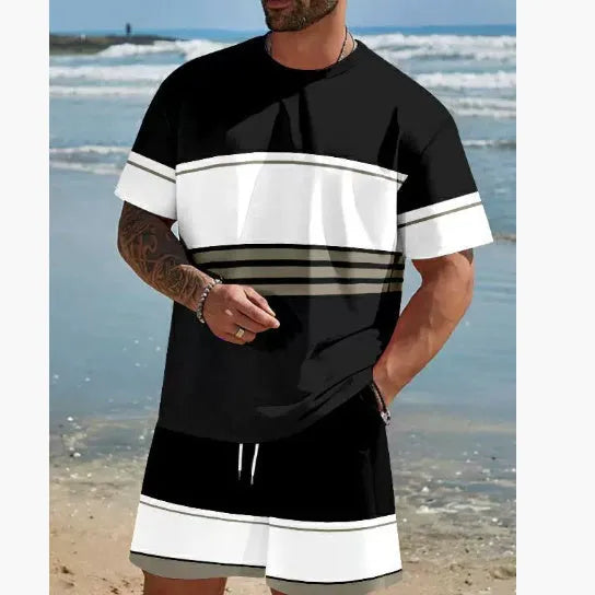 Men's loose-fit short-sleeved T-shirt and shorts set in a light colour for summer.