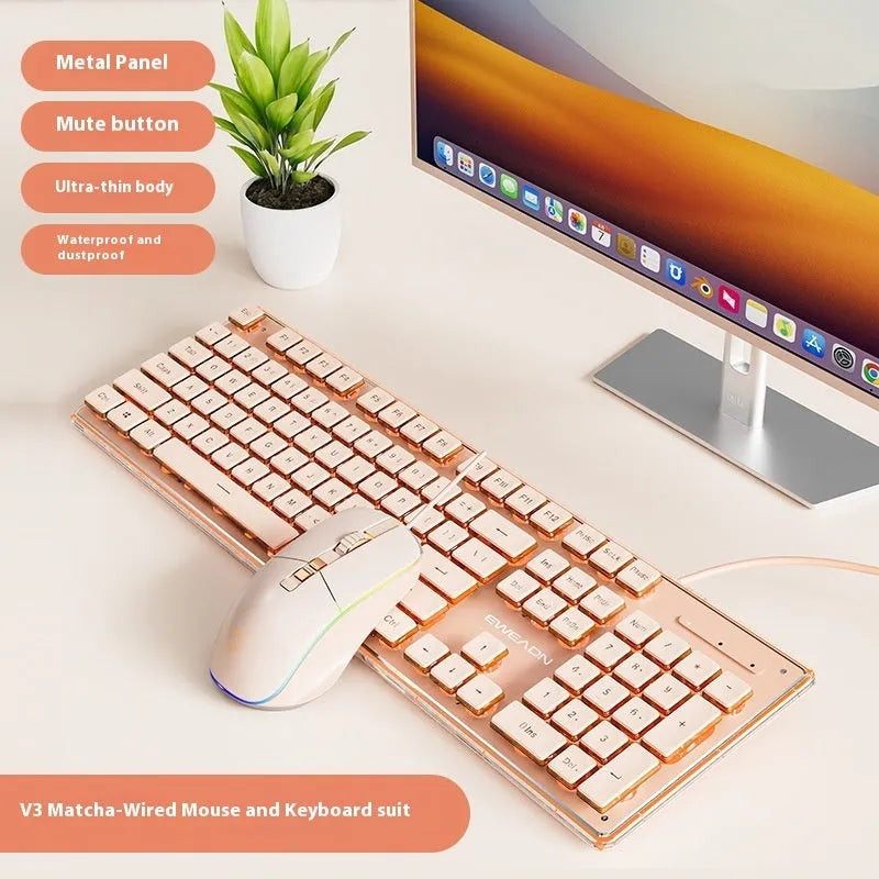 Prewalker V3 mute mechanical feeling keyboard and mouse set in retro green colour on a desk.
