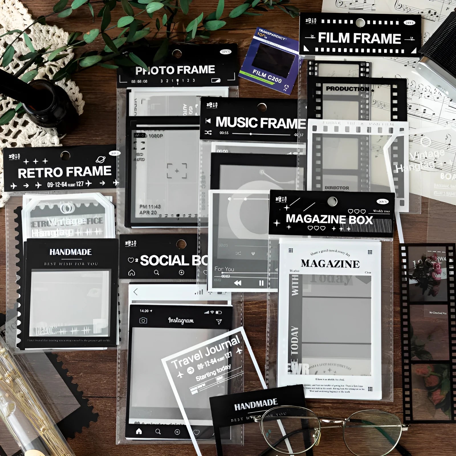 15 transparent retro frame stickers for journals including photography, film, magazine, music, social designs