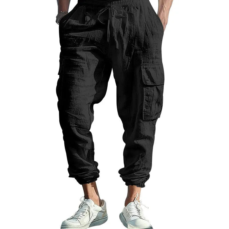Men's linen casual trousers with ankle-tied cuffs and multiple pockets in loose fit