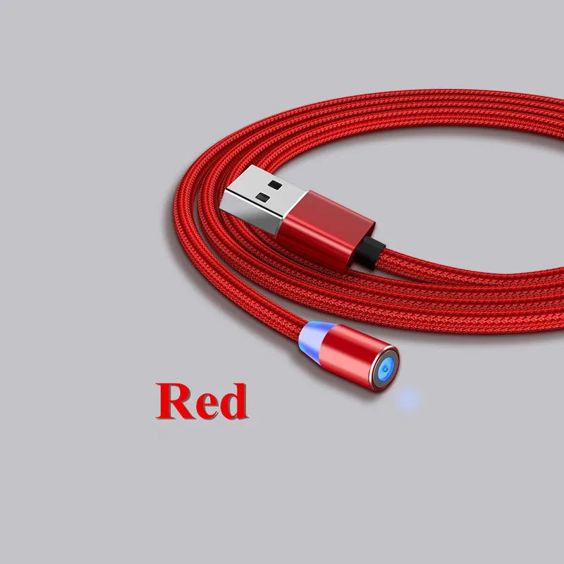 Magnetic USB charging cable with LED indicator showing black and red colour options