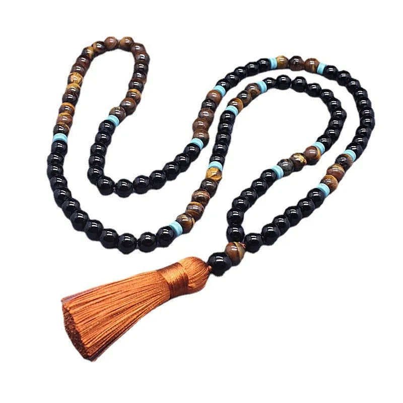 Black agate tiger eye stone bracelet and necklace set with geometric bead design