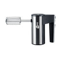 White handheld electric mixer with a stainless steel whisk attachment on a kitchen counter