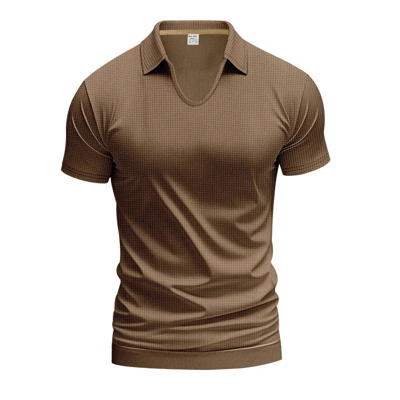 Men's loose fit V-neck short sleeve T-shirt in a light blue cotton blend fabric