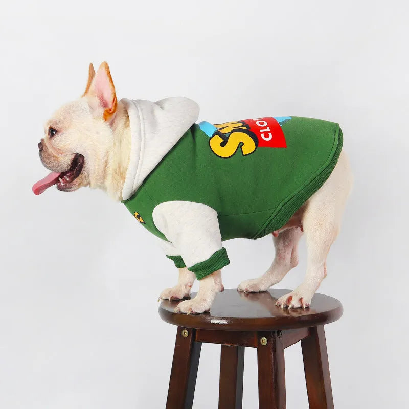 Green cotton dog jumper for winter, shown on a large dog, sized up to 4XL.