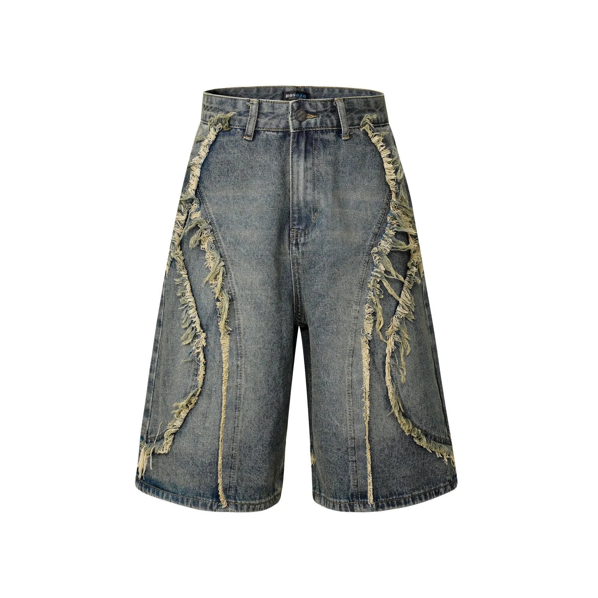 Distressed raw edge denim shorts in light blue, shown on a model.