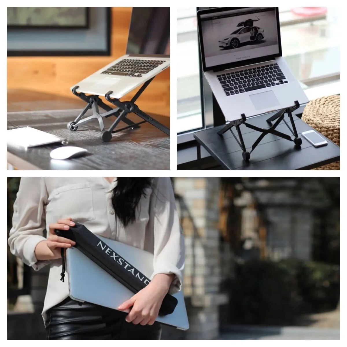 Sagacious black portable folding computer bracket showing enhanced nylon construction and adjustable height mechanism