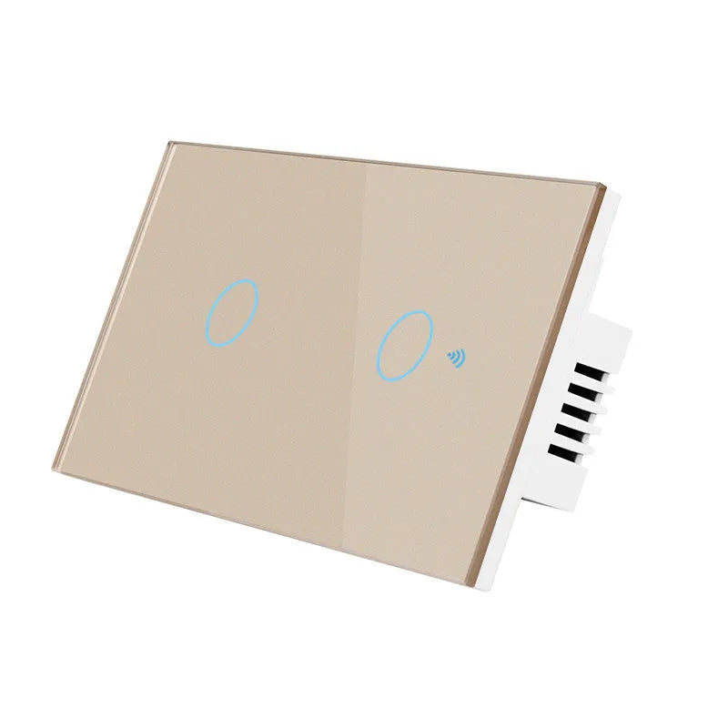 2-gang RF remote control light switch with tempered glass touch panel in black, white or gold finish