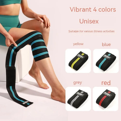 Adult adjustable sports knee pads in blue, grey, red and yellow colours for weightlifting and cycling protection
