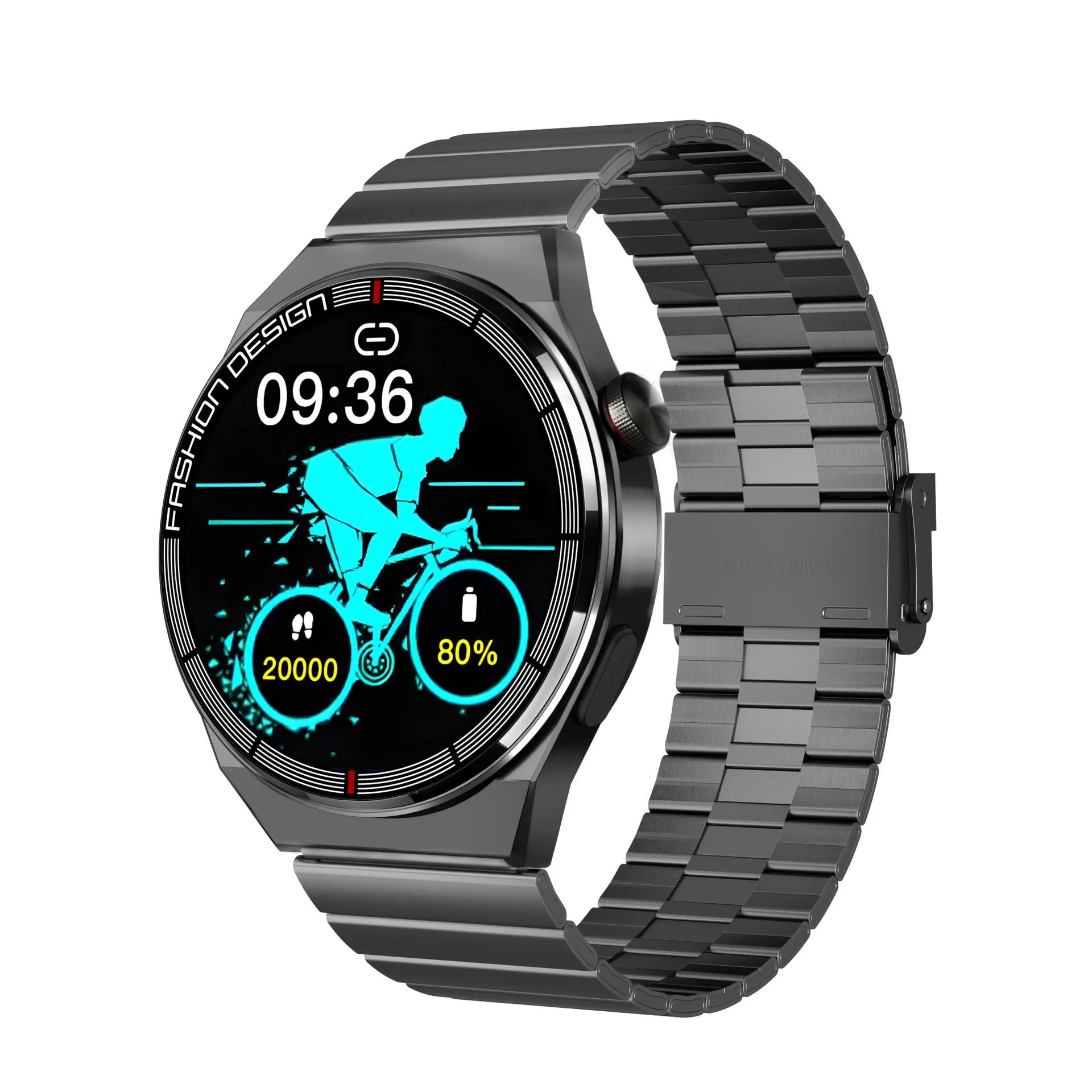 Black smartwatch with 1.28-inch screen on a silicone strap, showing heart rate and time display.
