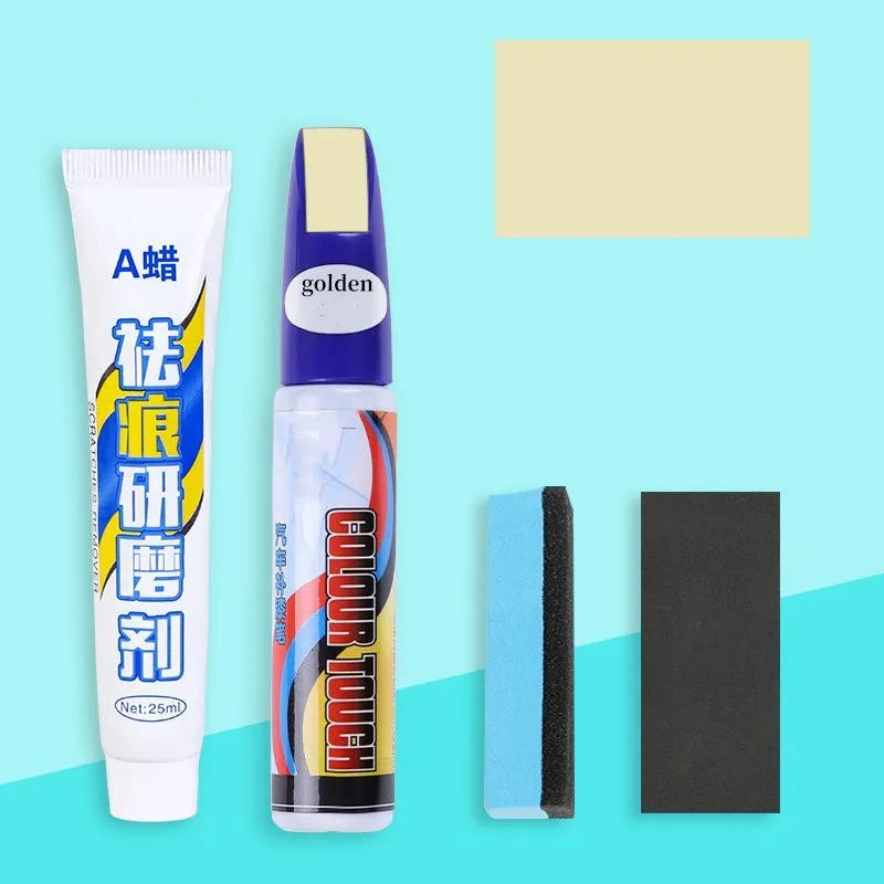Automotive scratch repair kit with paint pen, wax pen, sponge, and sandpaper