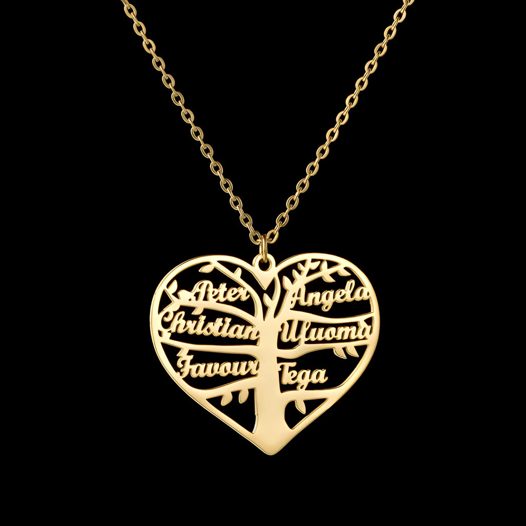 Custom stainless steel name necklace with hollow heart and lucky tree pendant in silver, gold, or rose gold.
