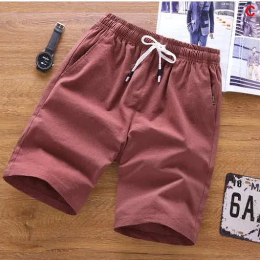 Men's middle-waisted cotton summer shorts with lace-up placket in seven colour options