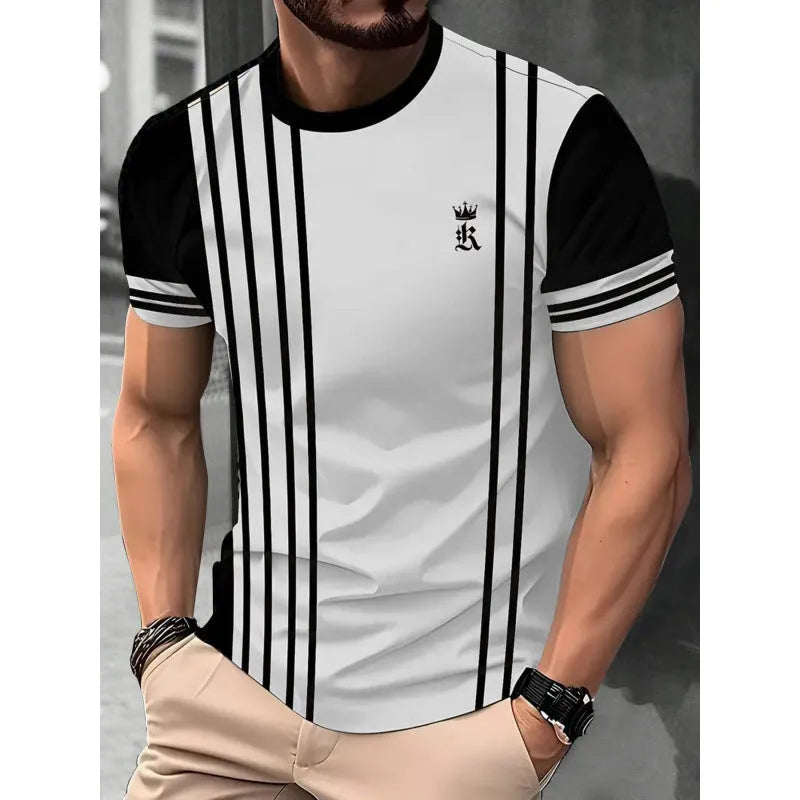 Men's loose fit short-sleeved T-shirt with digital 3D printed stripes pattern, available in multiple colours and sizes up to 5XL.