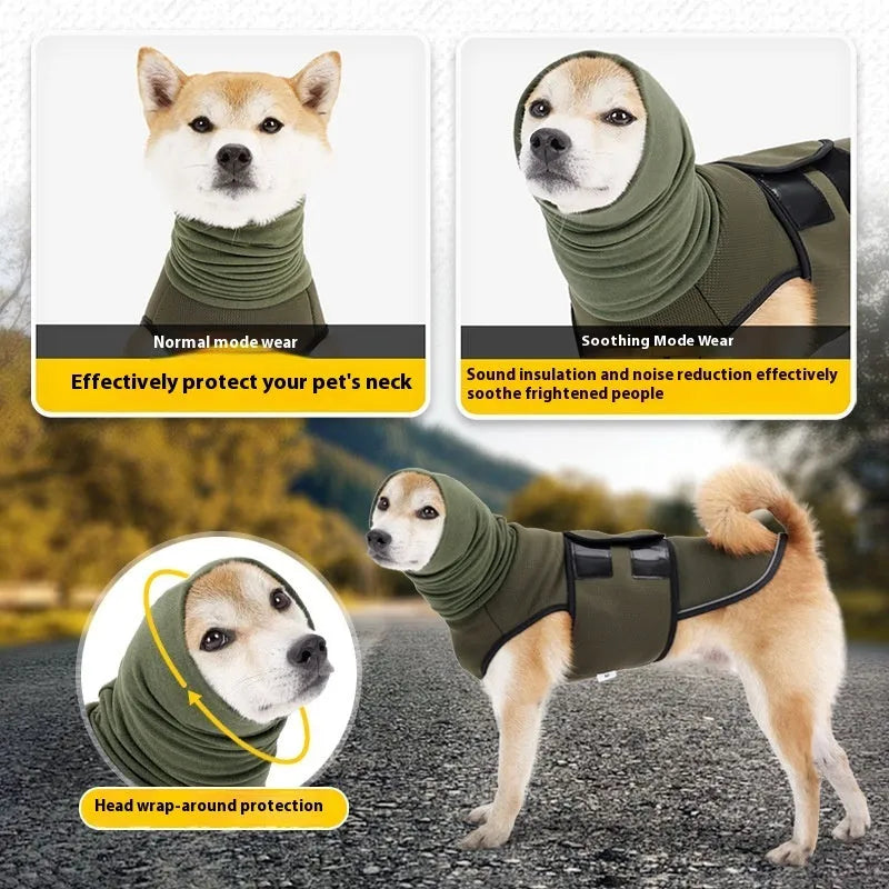 Army green dog anxiety jacket with mood-soothing design on medium-sized dog