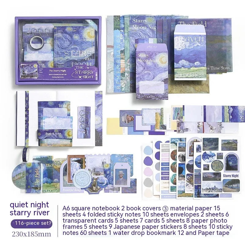 A6 grid creative journal gift box with notebook, decorative papers, cards, stickers, and retro plaid design.