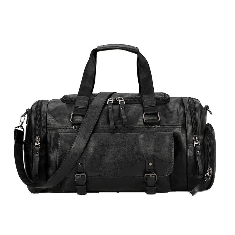 Black PU holdall travel bag with a separate internal compartment for shoes.