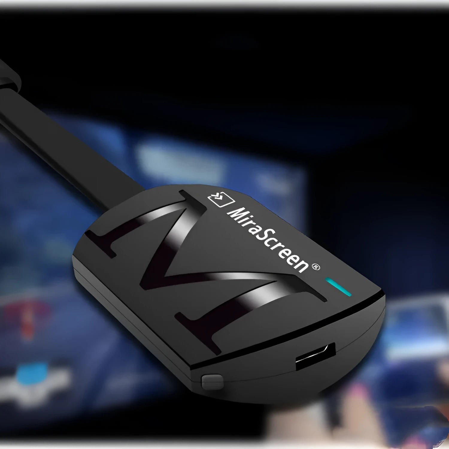Black USB to HDMI screen mirroring dongle for mobile phones, measuring 52mm by 26mm.