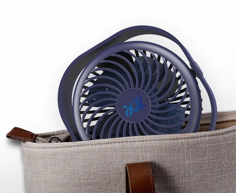 USB desk fan in blue colour with 360-degree rotation head and rotary switch, showing modern simple design.