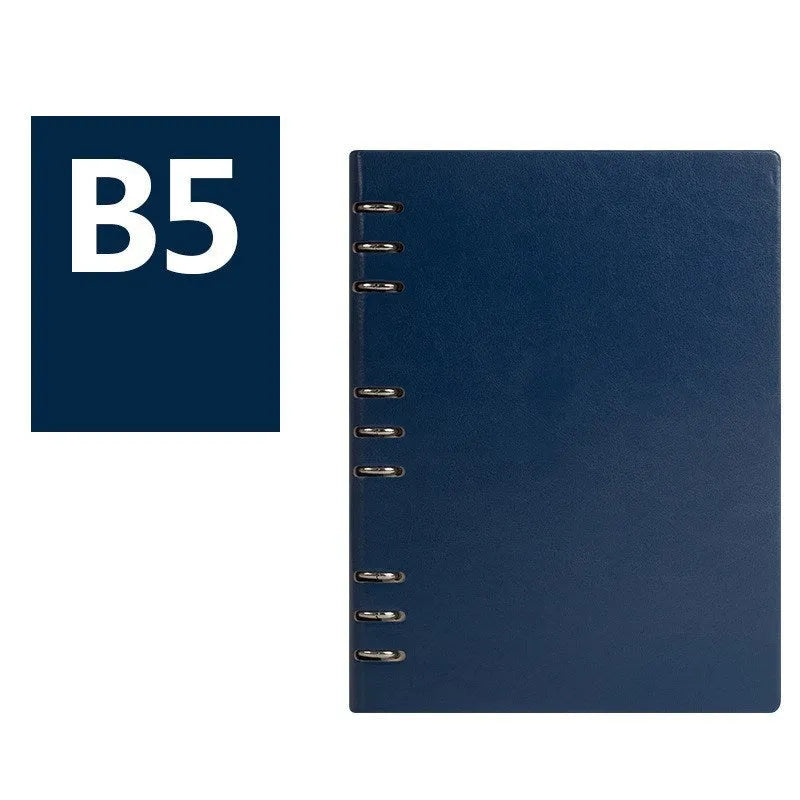 Loose-leaf business notebook with imitation leather cover in five colour options, shown in A5, A6, and B5 sizes.