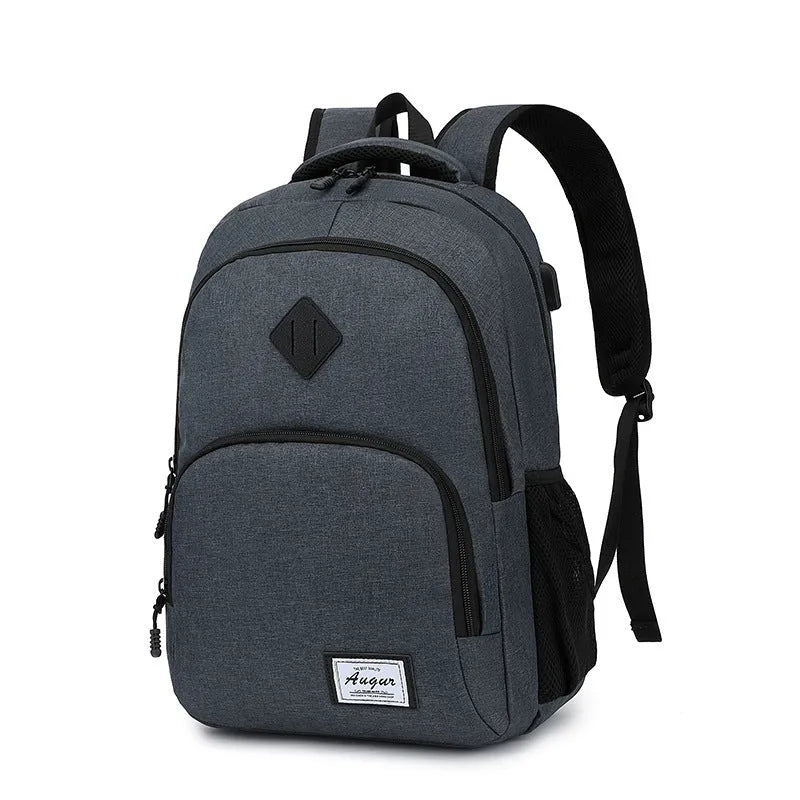 Lightweight USB charging backpack in grey with trolley sleeve and thickened nylon fabric
