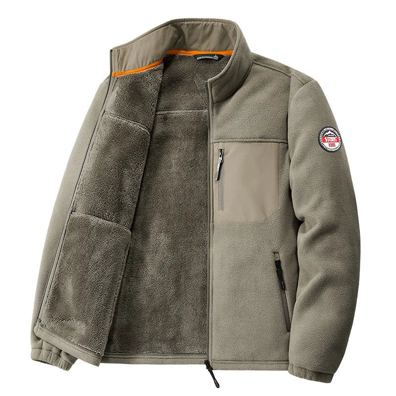 Men's grey fleece cardigan jacket with zipper pockets and regular length cut