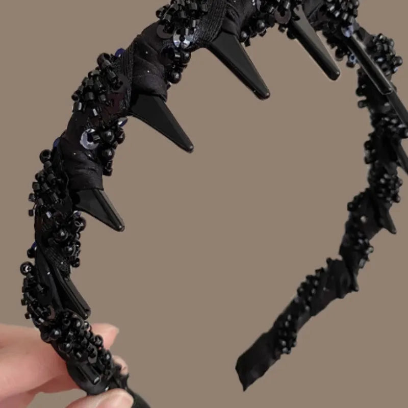 French velvet crystal wave hair pressing headband in wine red colour with hand-beaded detailing