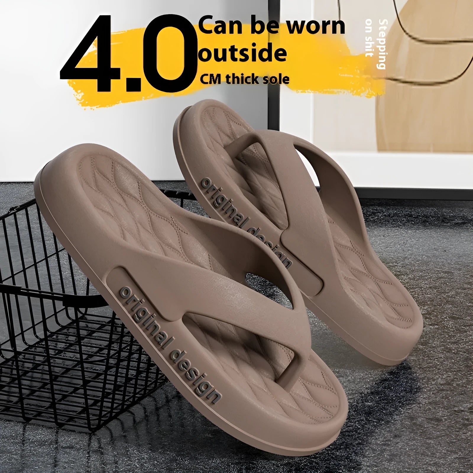 Men's EVA flip flops on a beach, showing open-toe design and injection moulded sole in a choice of colours.