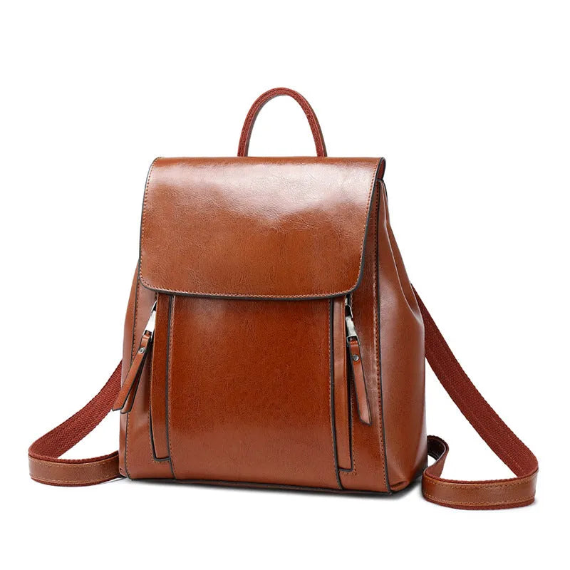 Genuine leather women's backpack in large square shape with double shoulder straps
