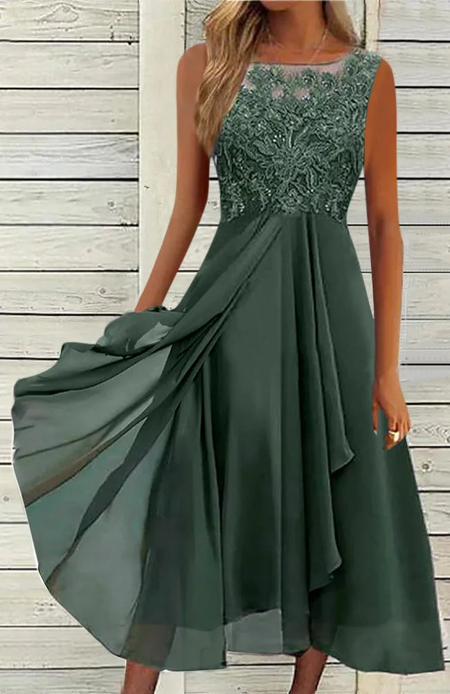 Women's sleeveless chiffon dress with lace hollow-out detail in blue, green or purple colours