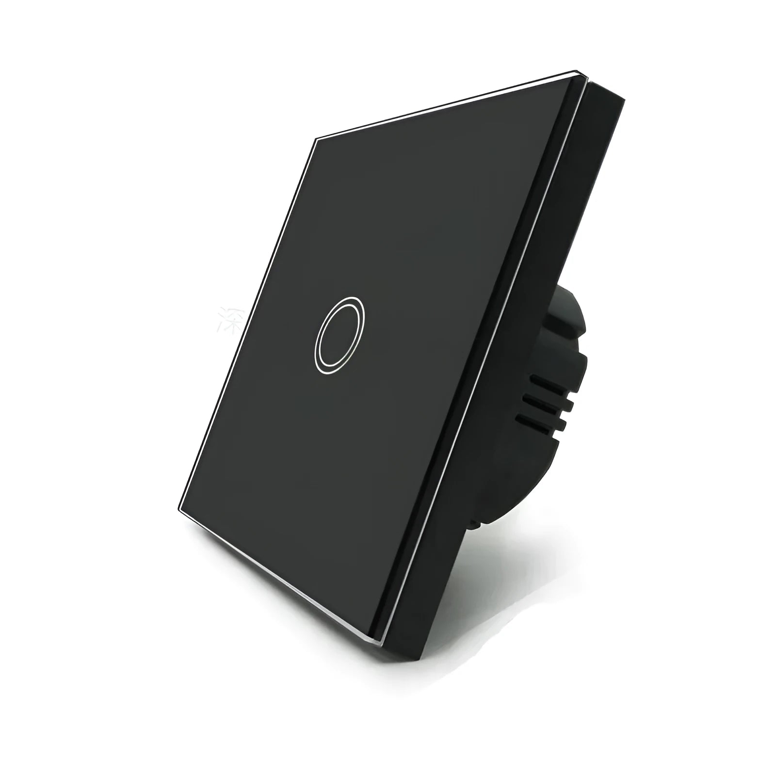 Single-gang tempered glass touch light switch in black, shown front-on.