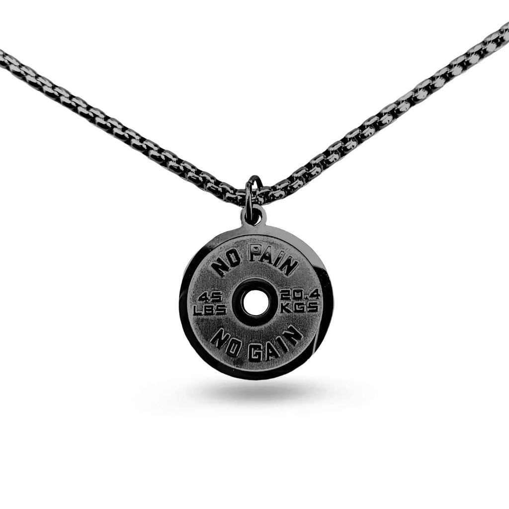 Stainless steel geometric barbell disk pendant on a 60cm black chain necklace.
