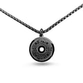 Stainless steel geometric barbell disk pendant on a 60cm black chain necklace.