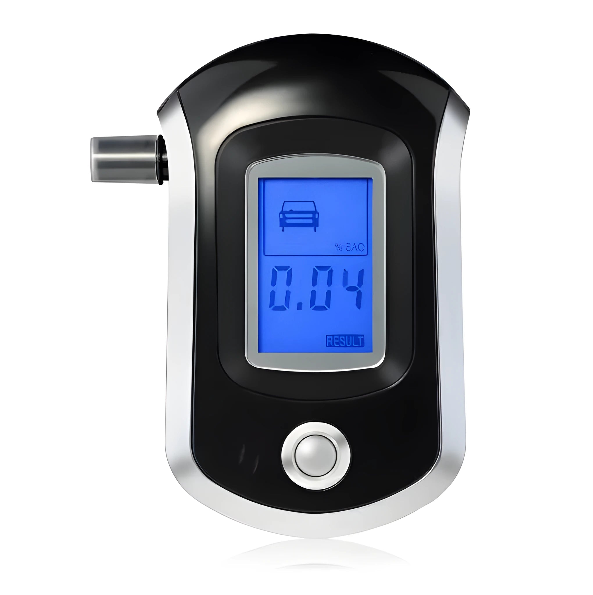 Black pen-type personal alcohol breathalyser with LCD display and detached mouthpiece.