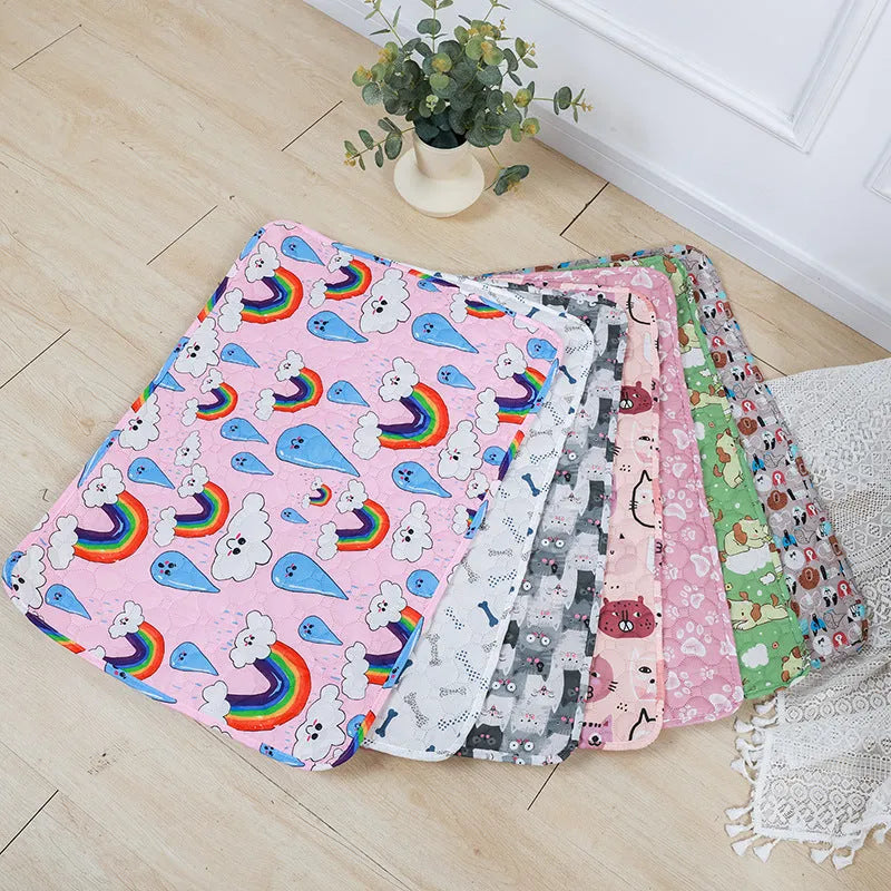 Reusable washable pet urine pad with animal print design and waterproof layer.