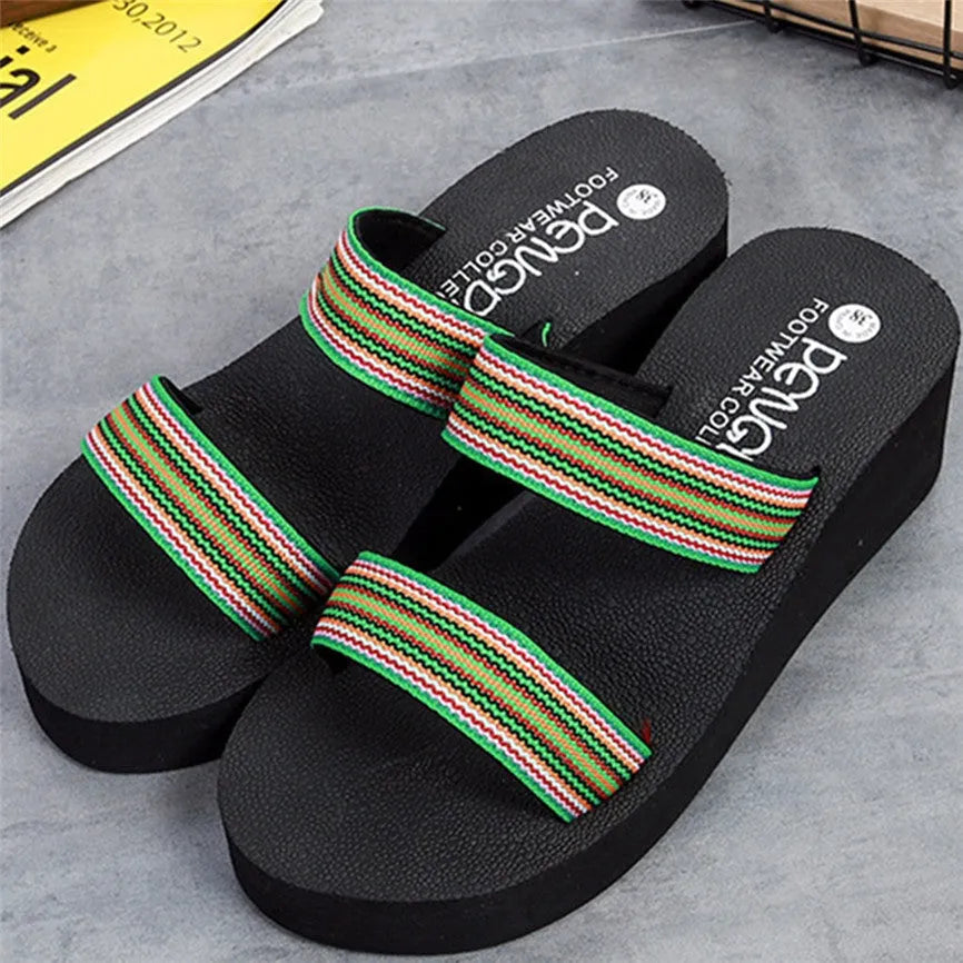 Women's bohemian summer slippers with elastic EVA upper, rubber sole, and adjustable webbing closure in available colours