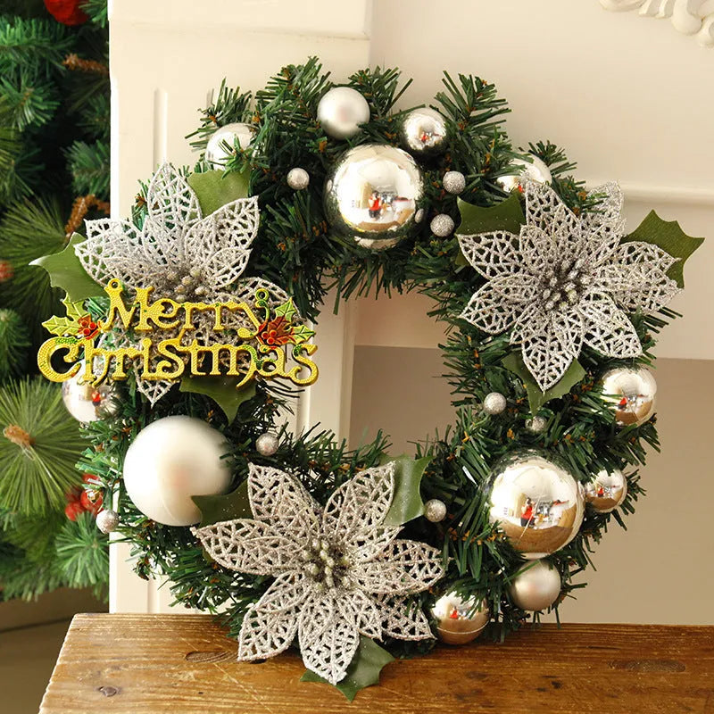 30cm multicolour plastic Christmas wreath hanging on door with blue, gold, pink, purple, red and silver colour options