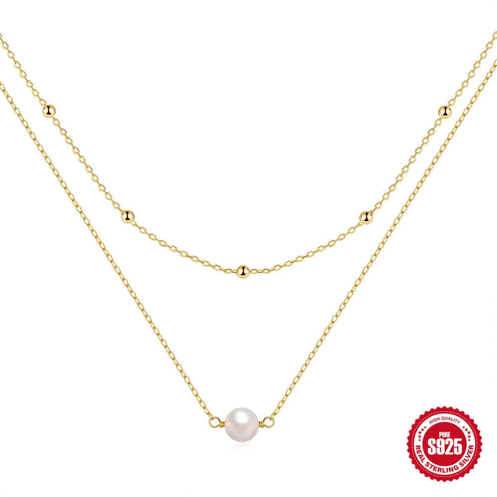 S925 sterling silver double layer necklace with geometric pearl pendant on ball bead chain