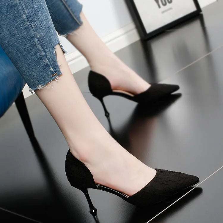Women's black pointed-toe stiletto high-heel shoes with a PU leather upper and 6-8 cm heel
