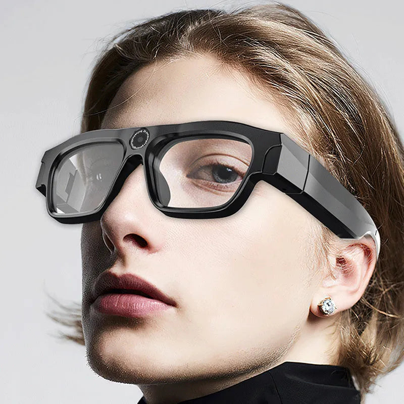 Black smart Bluetooth glasses with head-mounted video recording camera and touch button controls